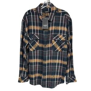 CRWTH Men's Plaid Flannel Long Sleeve Button Up Shirt Jacket Navy Orange Size L